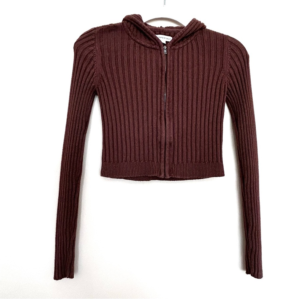🔸Aeropostale Women’s Brown Ribbed Cropped Hooded Zip Up Cardigan
